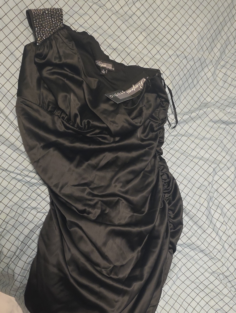 Pompous Studio Black One-Shoulder Satin Dress with Beaded Strap